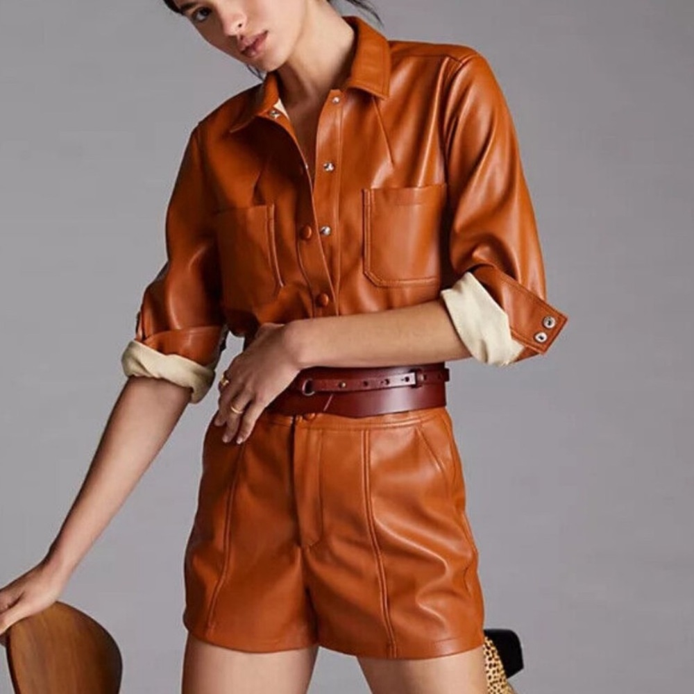 Anthropologie Faux Leather Short Set Top Tan Brown NWT size 10 - Picture 4 of 6